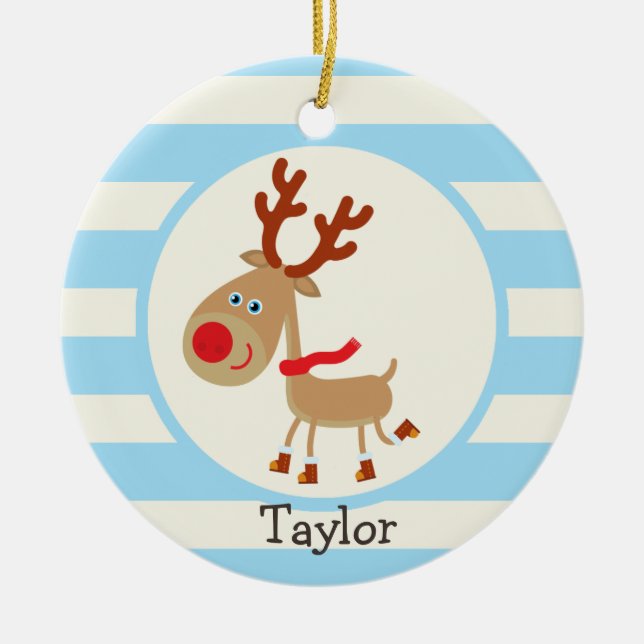 the Red Nosed Reindeer; Blue Stripes Ceramic Ornament (Front)