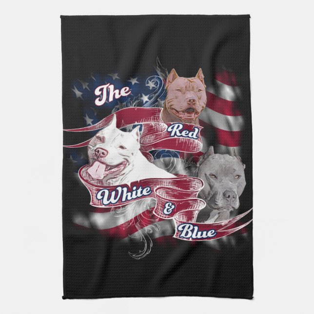 The Red, White & Blue Pitbull Dogs Kitchen Towel (Vertical)