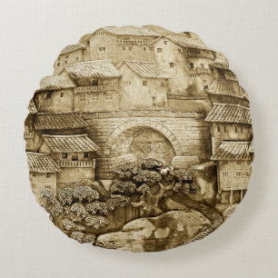 The relic of old Chinese cities in chongqing art,f Round Pillow