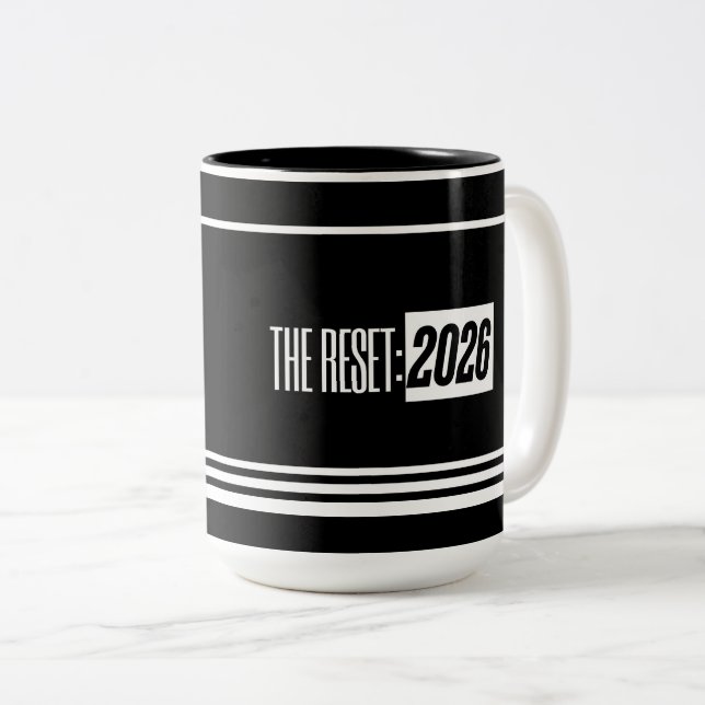 The Reset 2026 Minimal Black & White Mug (Front Right)