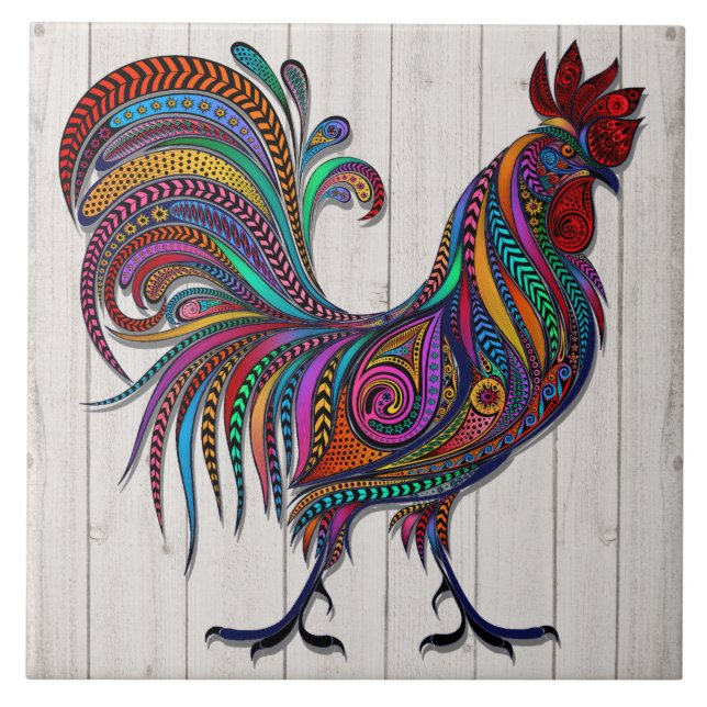 The Resplendent Rooster Tile on WOOD IMAGE (Front)