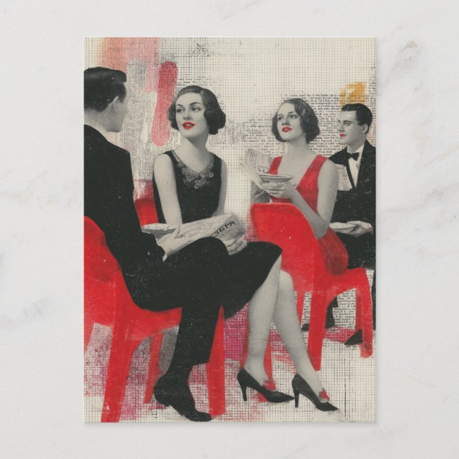The Retro Couples Sitting in Red Chairs Postcard (Front)