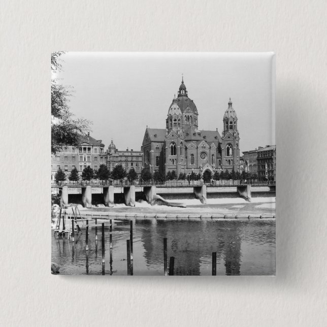 The river Isar at Munich, c.1910 2 Inch Square Button (Front)