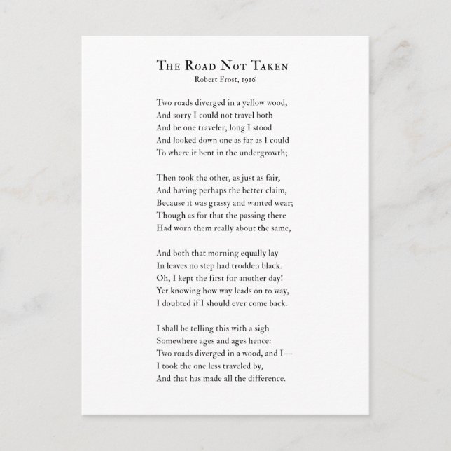 The Road Not Taken Poem Robert Frost Postcard (Front)