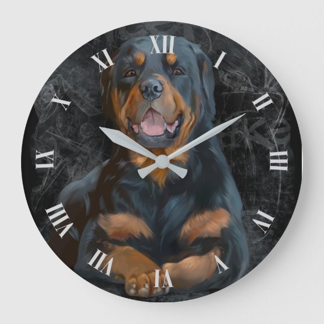 The Rottweiler is lying on the floor	 large clock (Front)