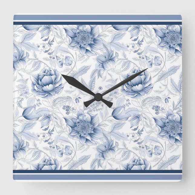 The Royal Blue Porcelain Floral Pattern Vol.1 Square Wall Clock (Front)
