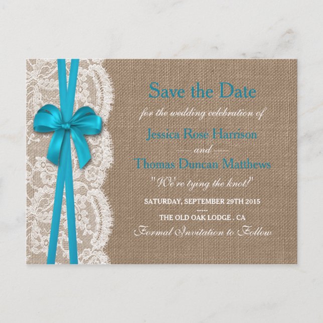 The Rustic Blue Bow Collection Save The Date Announcement Postcard (Front)