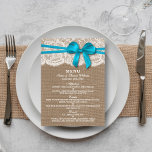 The Rustic Blue Bow Wedding Collection Menu Card<br><div class="desc">The rustic blue bow wedding collection is a stunning design featuring a lovely rustic burlap effect background with a romantic vintage white lace effect trim and a stunning blue bow. These menus can be personalized for your special occasion and would make the perfect template for wedding menus, bridal shower menus,...</div>