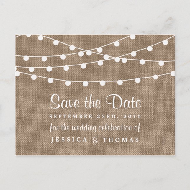 The Rustic Burlap String Lights Wedding Collection Announcement Postcard (Front)