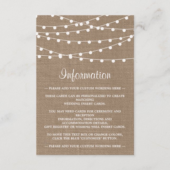 The Rustic Burlap String Lights Wedding Collection Enclosure Card (Front)