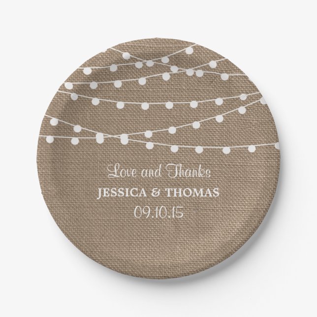 The Rustic Burlap String Lights Wedding Collection Paper Plate (Front)