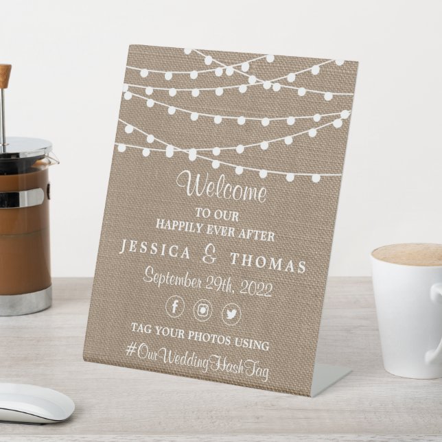 The Rustic Burlap String Lights Wedding Collection Pedestal Sign (In SItu)