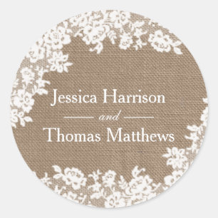 The Rustic Burlap & Vintage White Lace Collection Classic Round Sticker