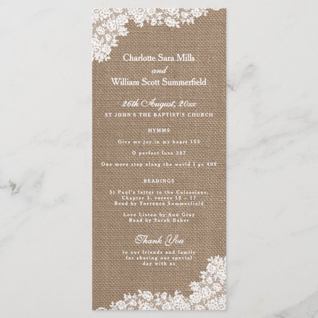 The Rustic Burlap & Vintage White Lace Collection Program (Front)