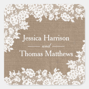 The Rustic Burlap & Vintage White Lace Collection Square Sticker
