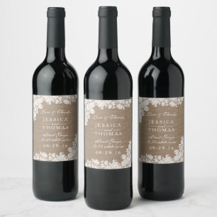 The Rustic Burlap & Vintage White Lace Collection Wine Label