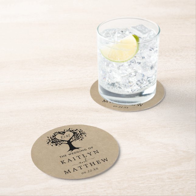 The Rustic Heart Tree Wedding Collection Round Paper Coaster (Insitu)