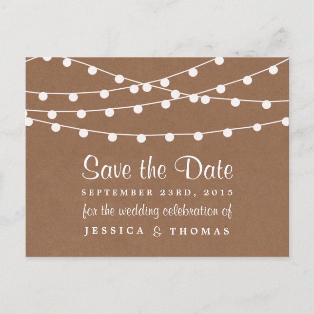 The Rustic Kraft String Lights Wedding Collection Announcement Postcard (Front)
