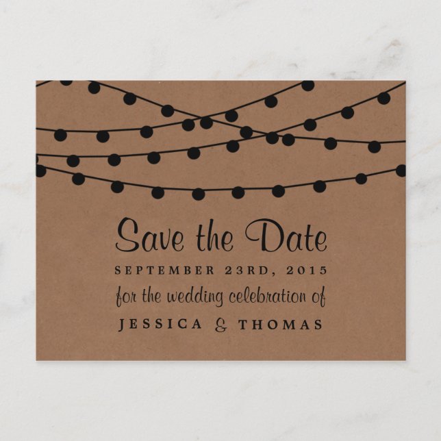The Rustic Kraft String Lights Wedding Collection Announcement Postcard (Front)