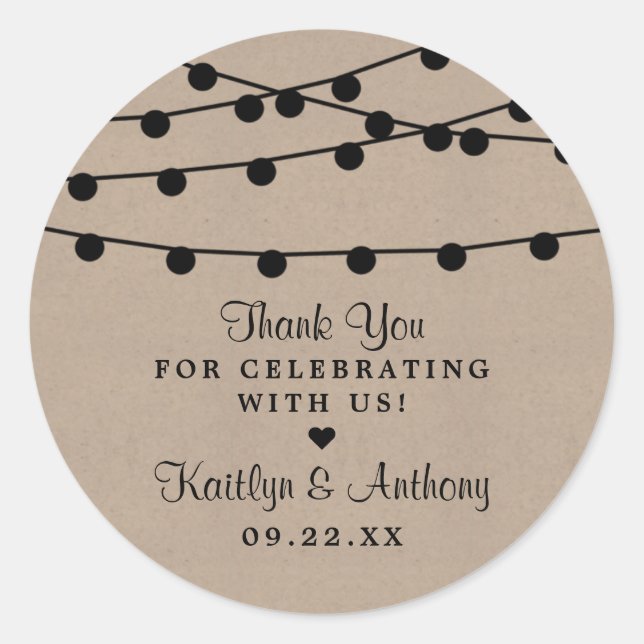 The Rustic Kraft String Lights Wedding Collection Classic Round Sticker (Front)