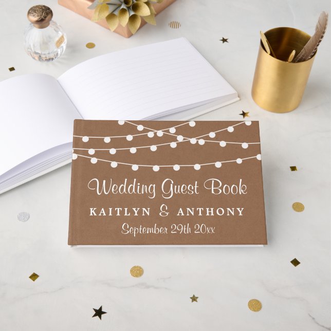 The Rustic Kraft String Lights Wedding Collection Guest Book (Front Open)