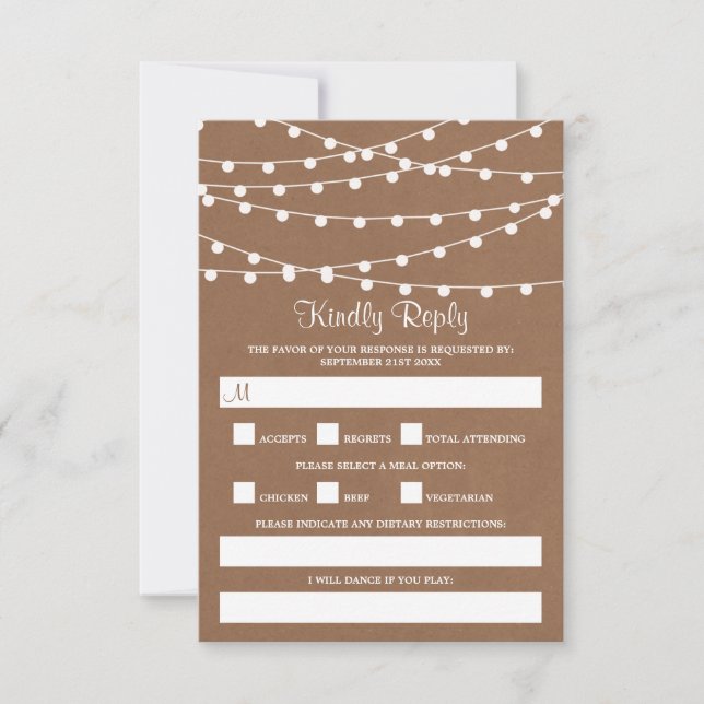 The Rustic Kraft String Lights Wedding Collection RSVP Card (Front)