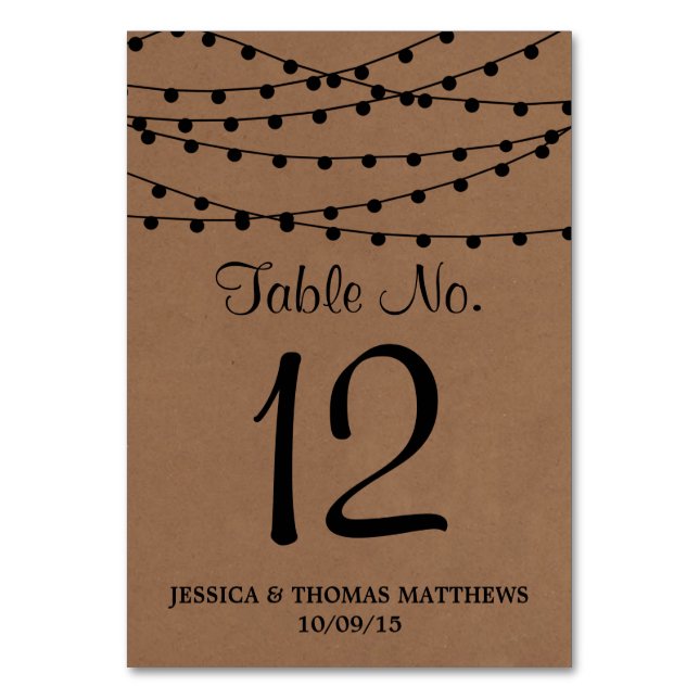 The Rustic Kraft String Lights Wedding Collection Table Number (Front)