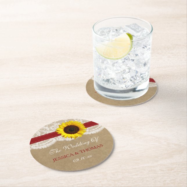 The Rustic Kraft Sunflower Wedding Collection Round Paper Coaster (Insitu)
