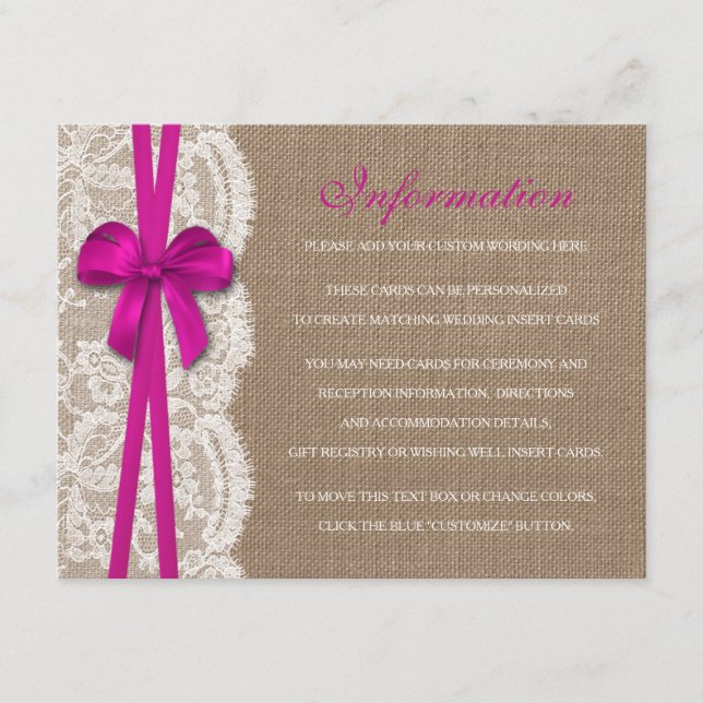 The Rustic Pink Bow Wedding Collection Detail Enclosure Card (Front)