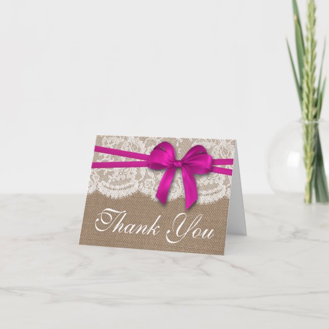 The Rustic Pink Bow Wedding Collection Thank You Card (Front)