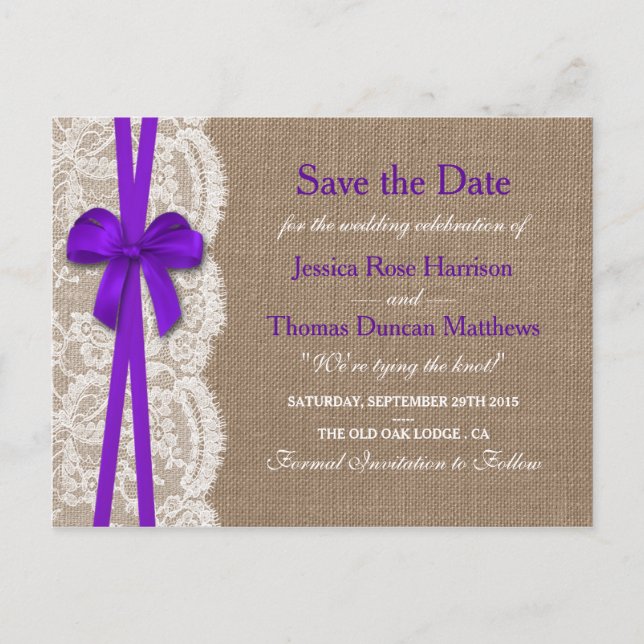 The Rustic Purple Bow Collection Save The Date Announcement Postcard (Front)