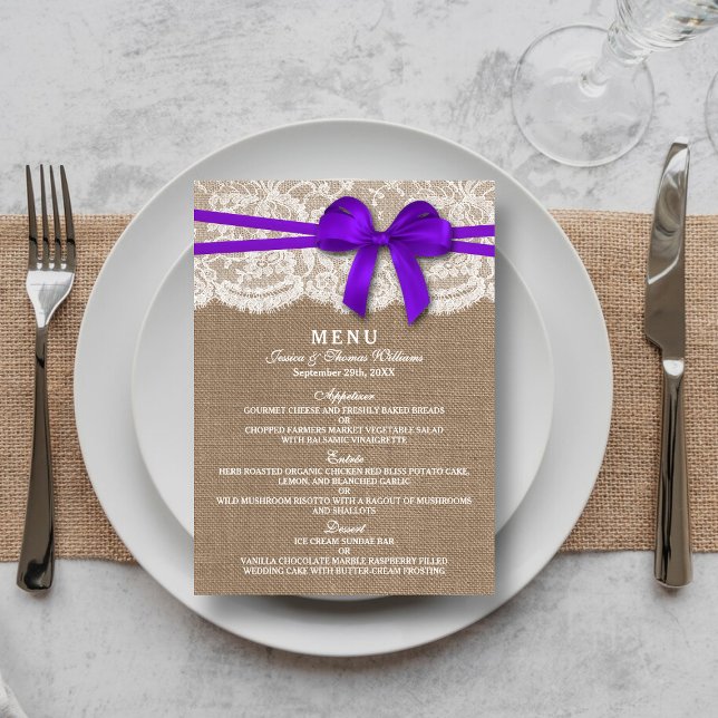 The Rustic Purple Bow Wedding Collection Menu Card (Creator Uploaded)