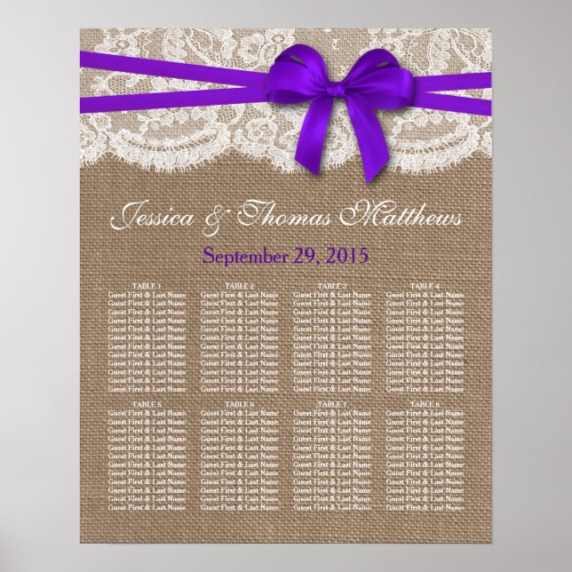 The Rustic Purple Bow Wedding Collection Seating Poster (Front)