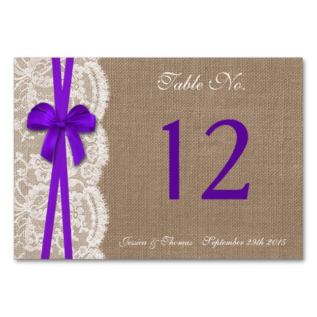 The Rustic Purple Bow Wedding Collection Table Number (Front)