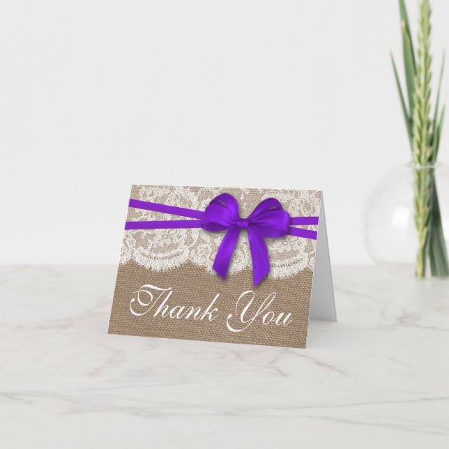 The Rustic Purple Bow Wedding Collection Thank You Card (Front)