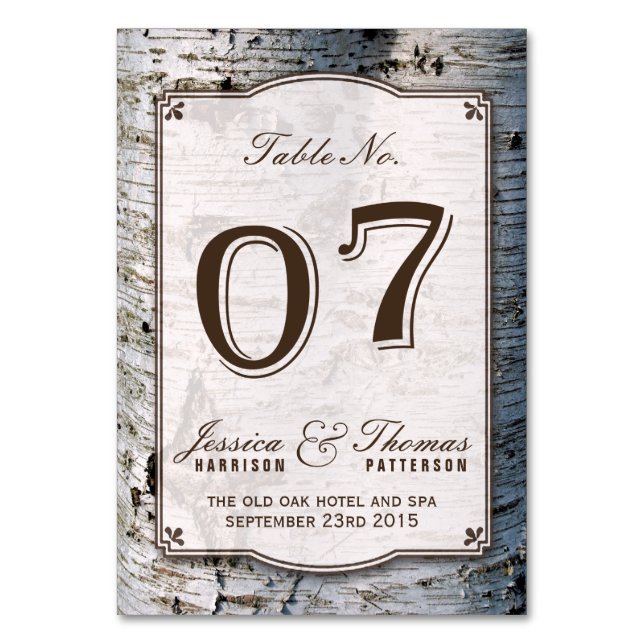 The Rustic Silver Birch Tree Wedding Collection 07 Table Number (Front)