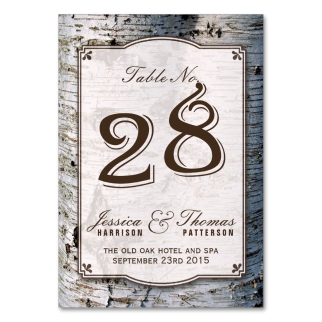 The Rustic Silver Birch Tree Wedding Collection 28 Table Number (Front)