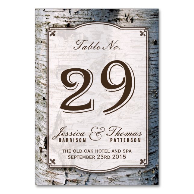 The Rustic Silver Birch Tree Wedding Collection 29 Table Number (Front)
