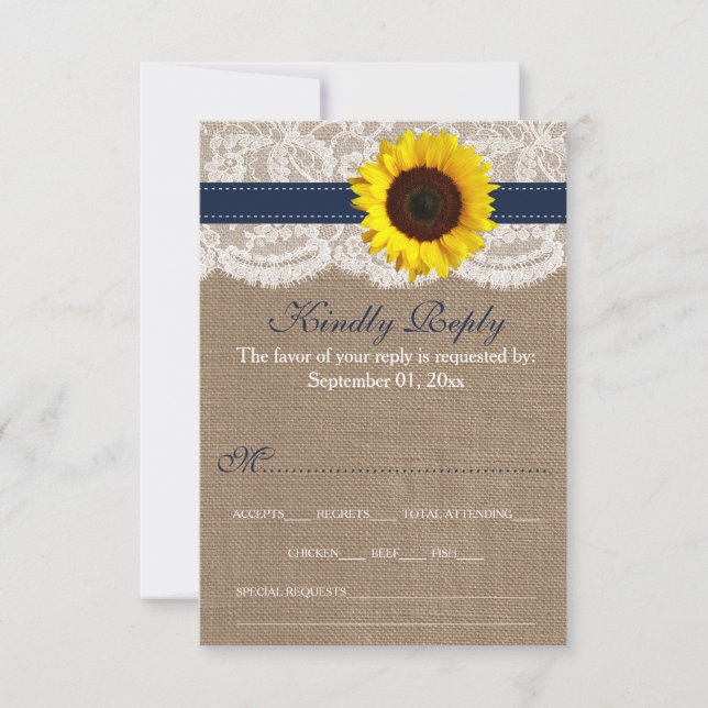 The Rustic Sunflower Wedding Collection - Navy RSVP Card (Front)