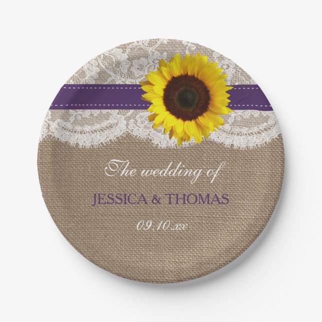 The Rustic Sunflower Wedding Collection - Purple Paper Plate (Front)