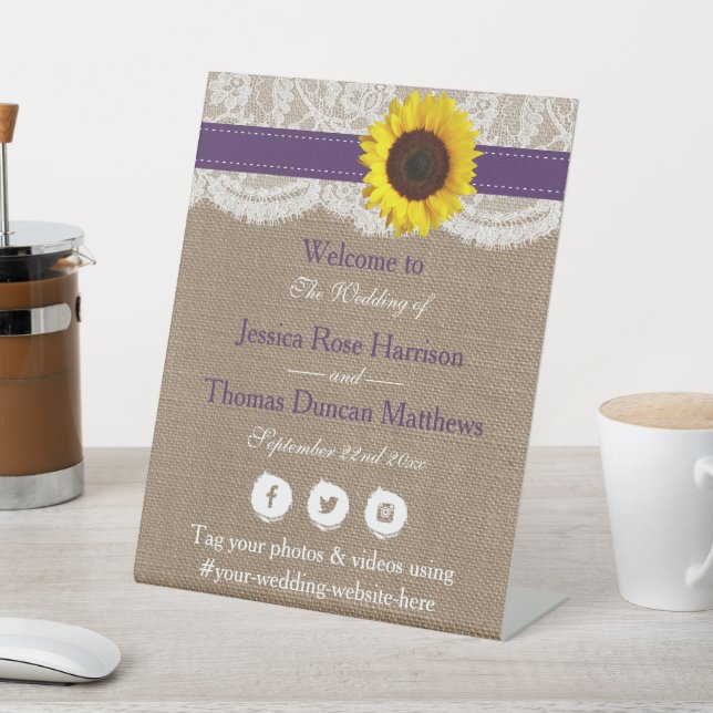 The Rustic Sunflower Wedding Collection - Purple Pedestal Sign (In SItu)