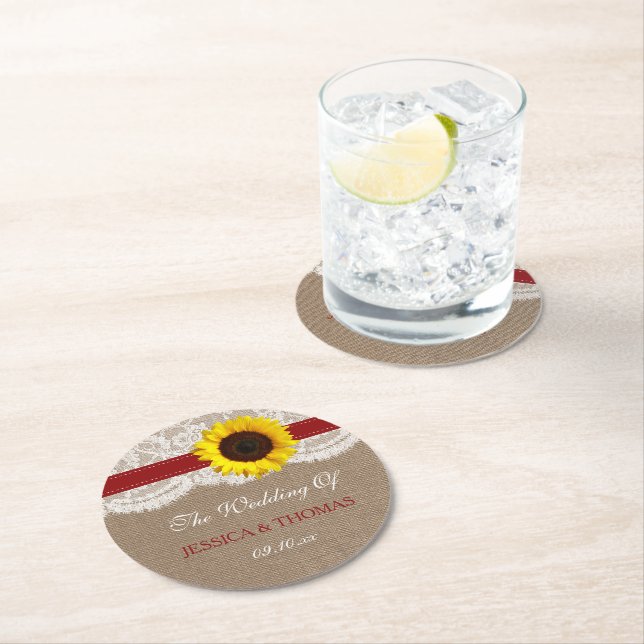 The Rustic Sunflower Wedding Collection - Red Round Paper Coaster (Insitu)