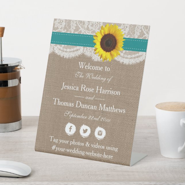 The Rustic Sunflower Wedding Collection - Teal Pedestal Sign (In SItu)