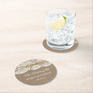 The Rustic Twine Bow Wedding Collection Round Paper Coaster