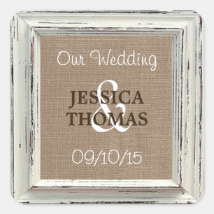 The Rustic White Frame & Burlap Wedding Collection Square Sticker