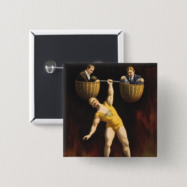 The Sandow Eugen Sandow Vaudeville Weightlifter  2 Inch Square Button (Front & Back)