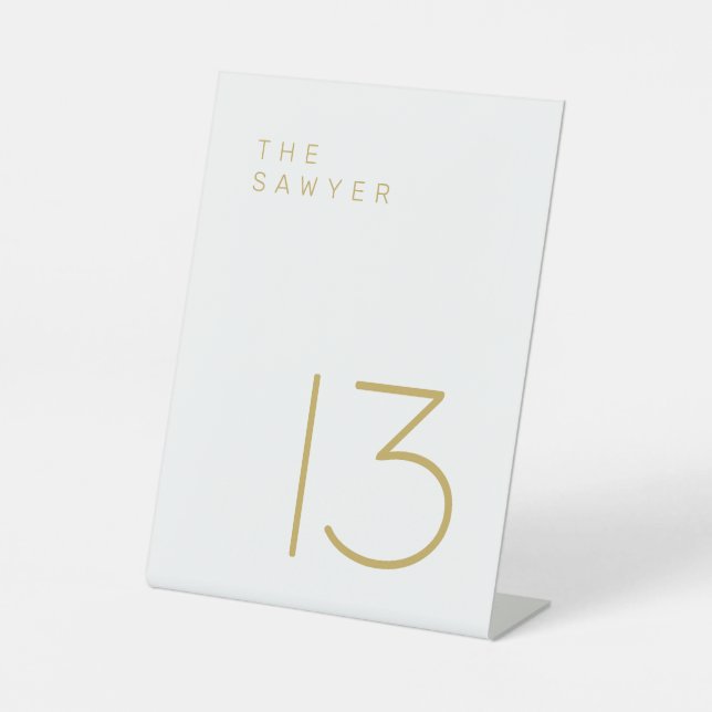 The Sawyer 13 Gold and White Table Number Pedestal Sign (Front)