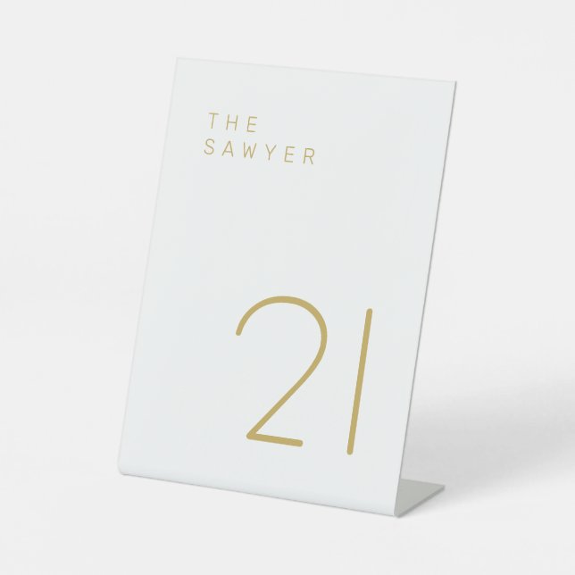 The Sawyer 21 Gold and White Table Number Pedestal Sign (Front)