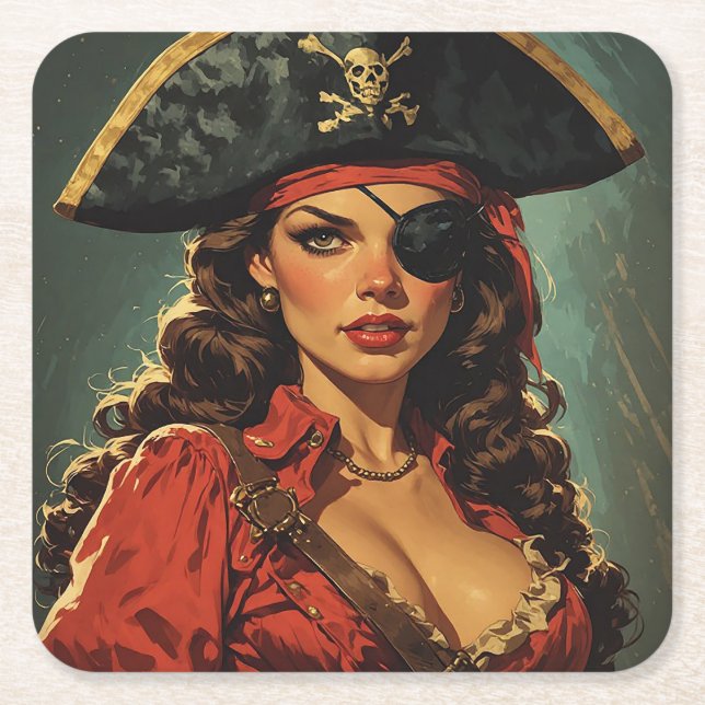 The Scarlet Pirate Temptress Square Paper Coaster (Front)