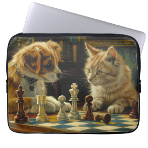 The Scholars' Standoff Cat and Dog Playing Chess Laptop Sleeve